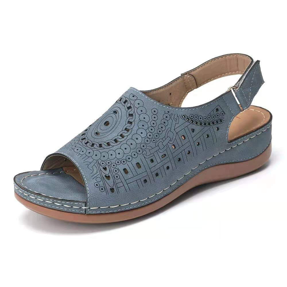 Ethnic Pattern Punched Hollow Velcro Vintage Hook And Loop Comfortable Wedge Sandals