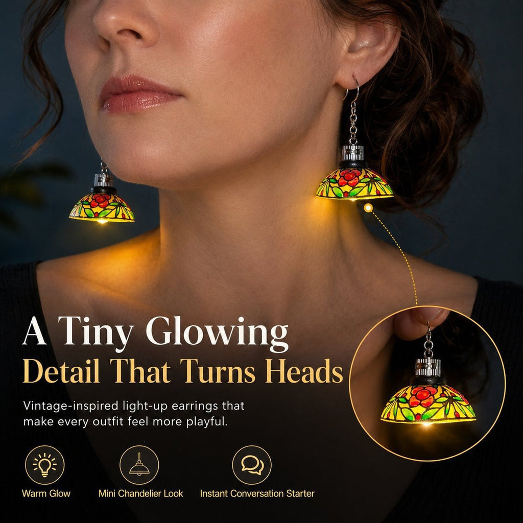 Woman wearing floral light-up chandelier earrings