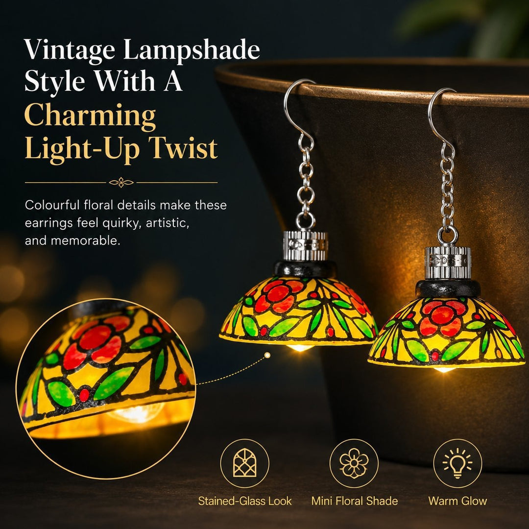 Floral lampshade detail and warm LED glow