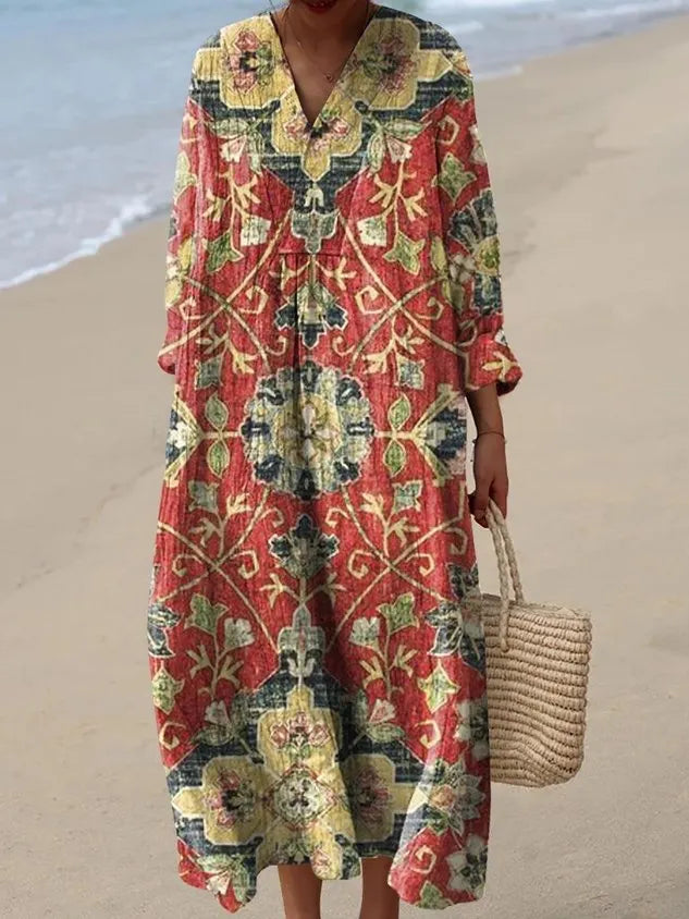 Women's V Neck Vintage Floral Art Print Loose Dress