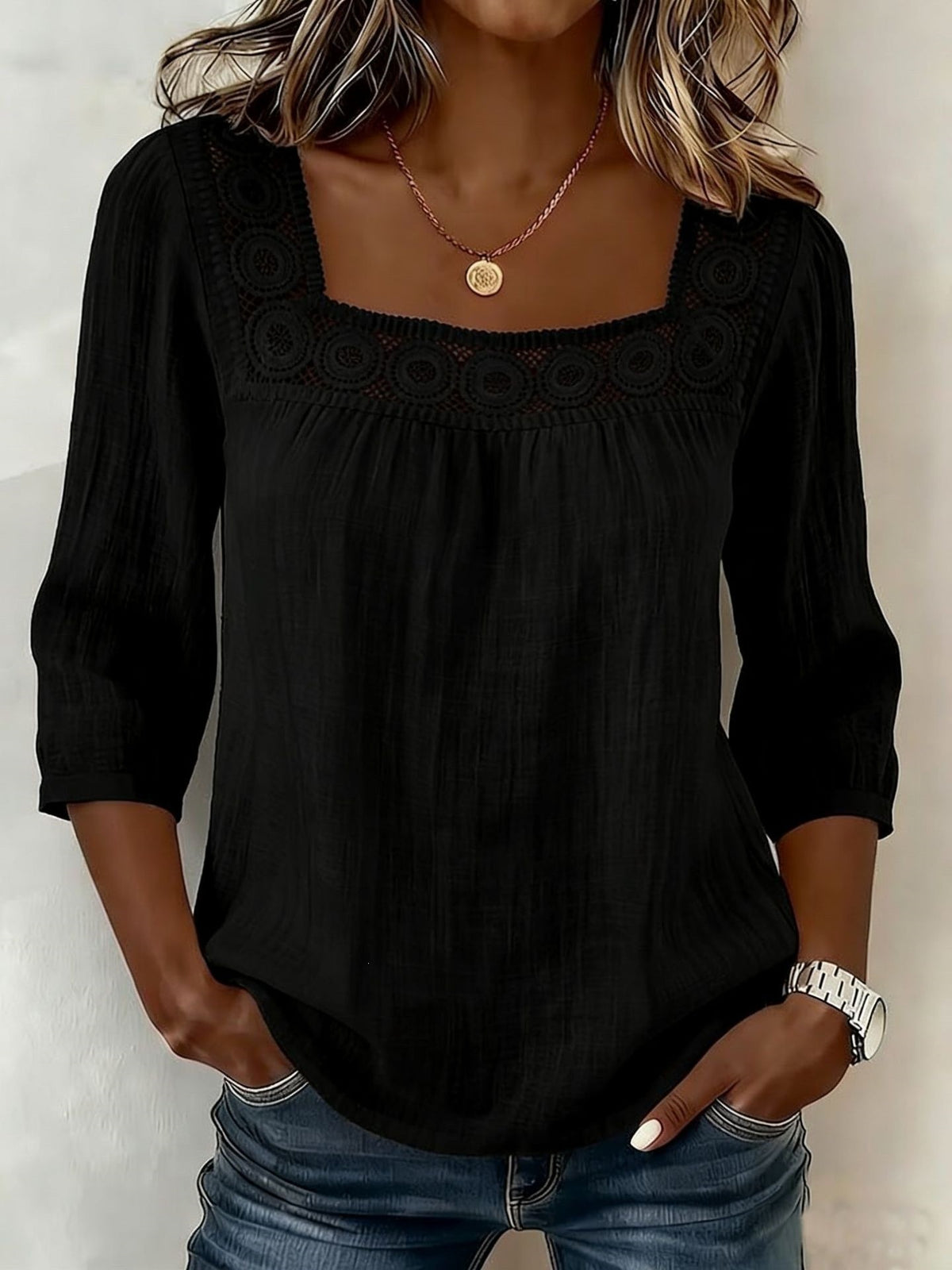Casual Solid Color Cotton Linen Lace Neck Mid-Sleeve A-Line Swing Top