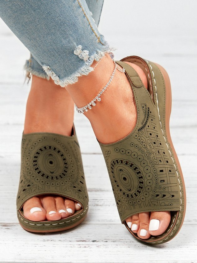 Ethnic Pattern Punched Hollow Velcro Vintage Hook And Loop Comfortable Wedge Sandals