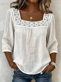 Casual Solid Color Cotton Linen Lace Neck Mid-Sleeve A-Line Swing Top