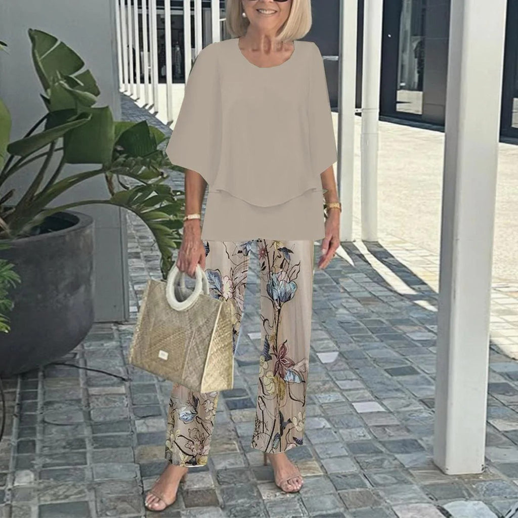Women Round Neck Mid Sleeve Loose Top & Printed Straight Pants 2 Piece Co Ord Set