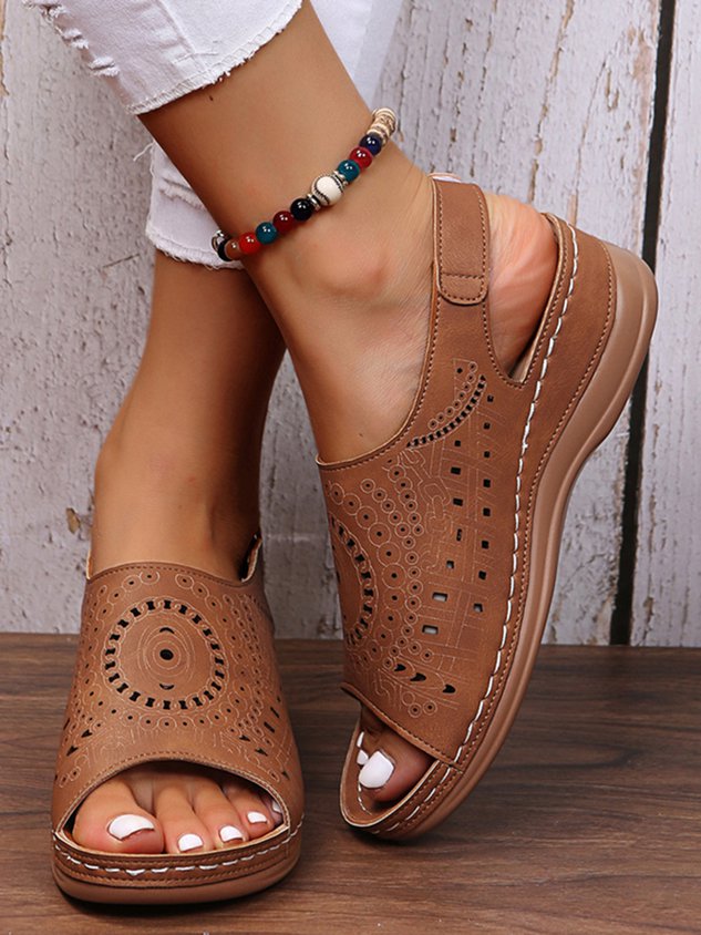 Ethnic Pattern Punched Hollow Velcro Vintage Hook And Loop Comfortable Wedge Sandals