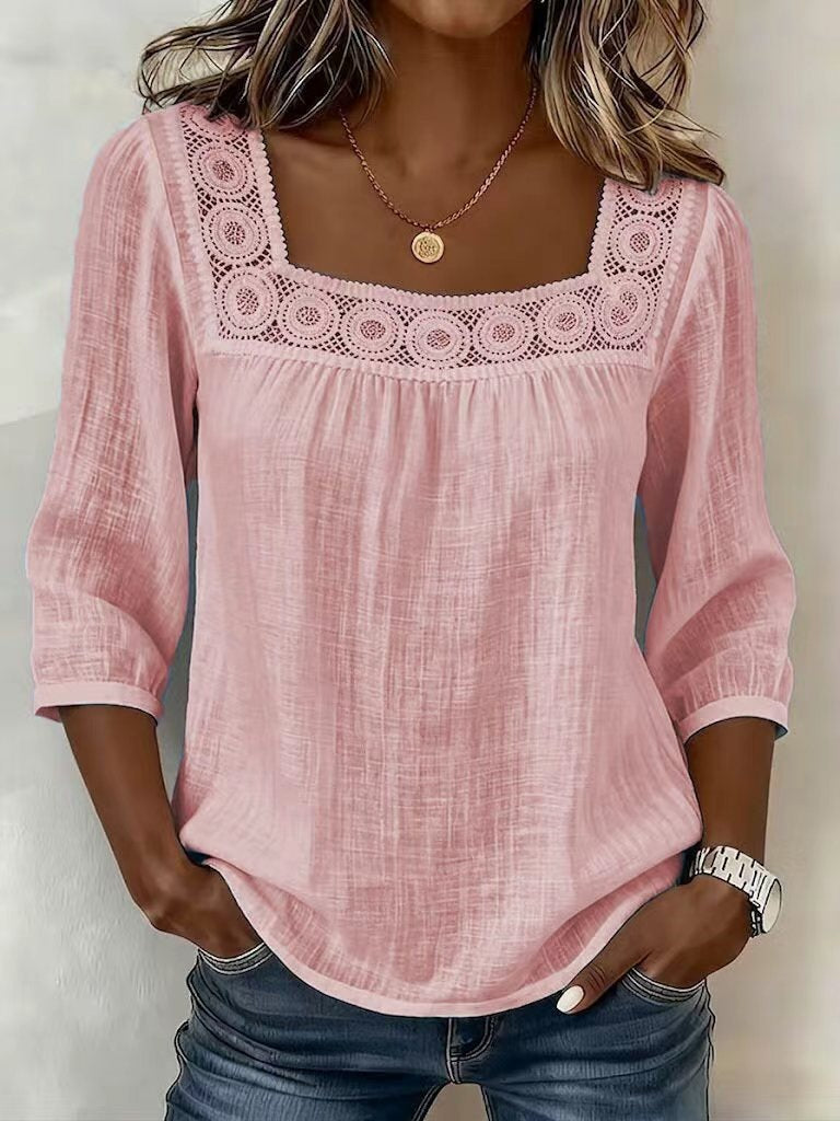 Casual Solid Color Cotton Linen Lace Neck Mid-Sleeve A-Line Swing Top