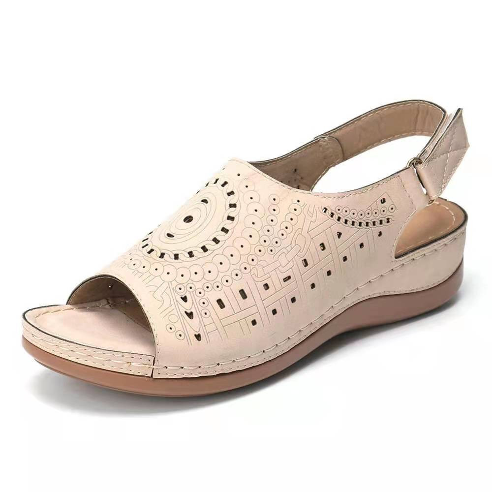 Ethnic Pattern Punched Hollow Velcro Vintage Hook And Loop Comfortable Wedge Sandals