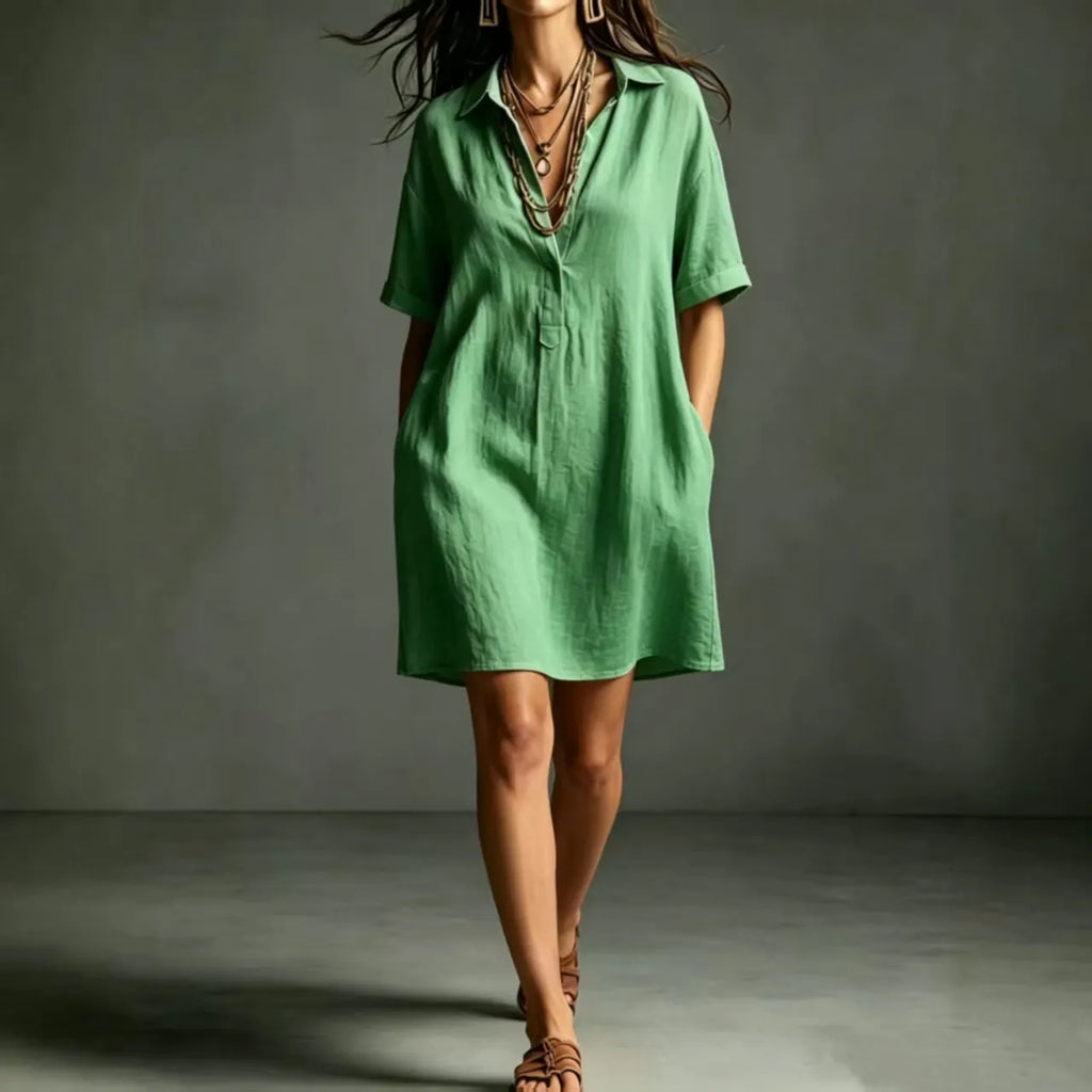 Minimalist Solid Color Shirt Dress Turn Down Collar V Neck Half Button Short Sleeve Relaxed Vacation Mini Dress