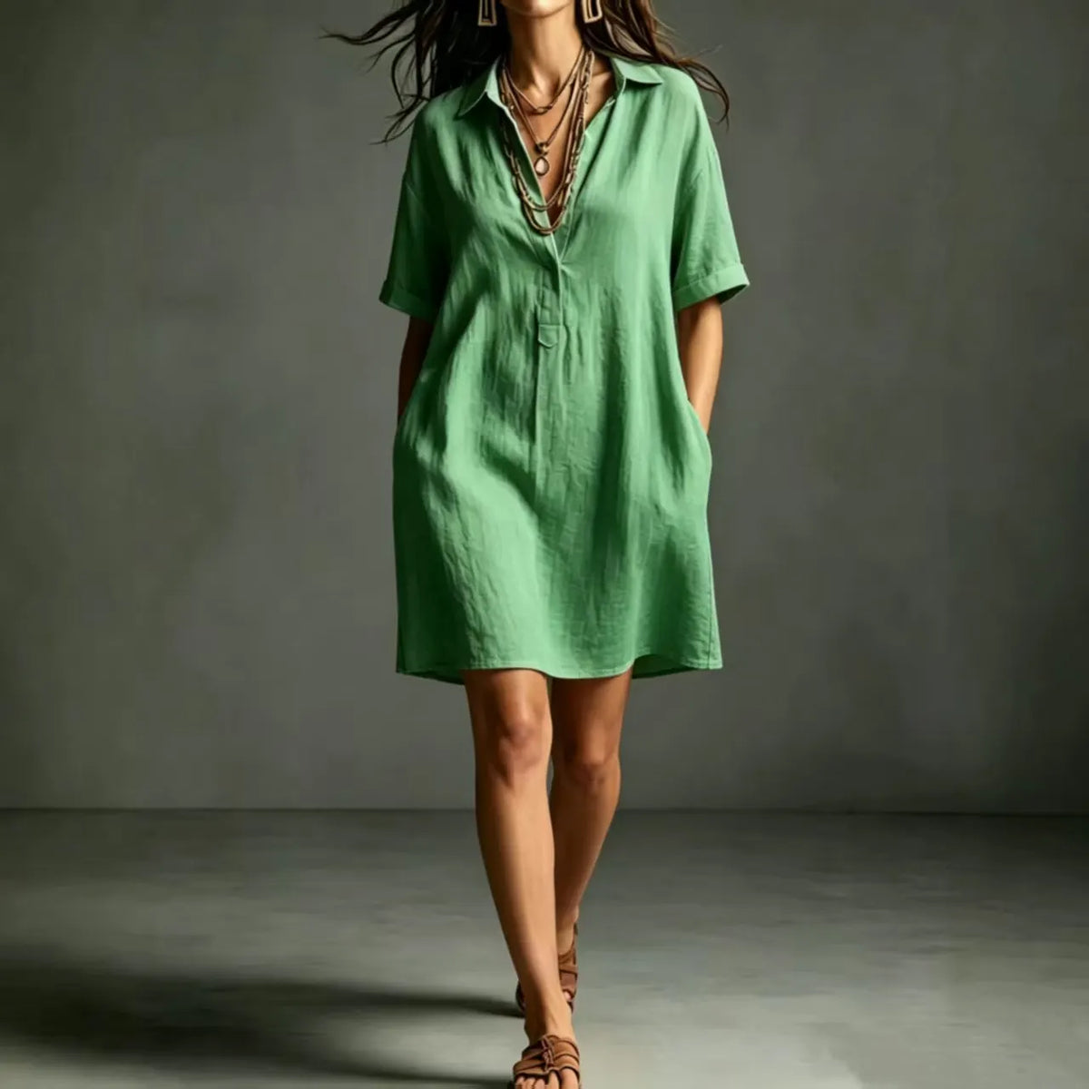 Minimalist Solid Color Shirt Dress Turn Down Collar V Neck Half Button Short Sleeve Relaxed Vacation Mini Dress