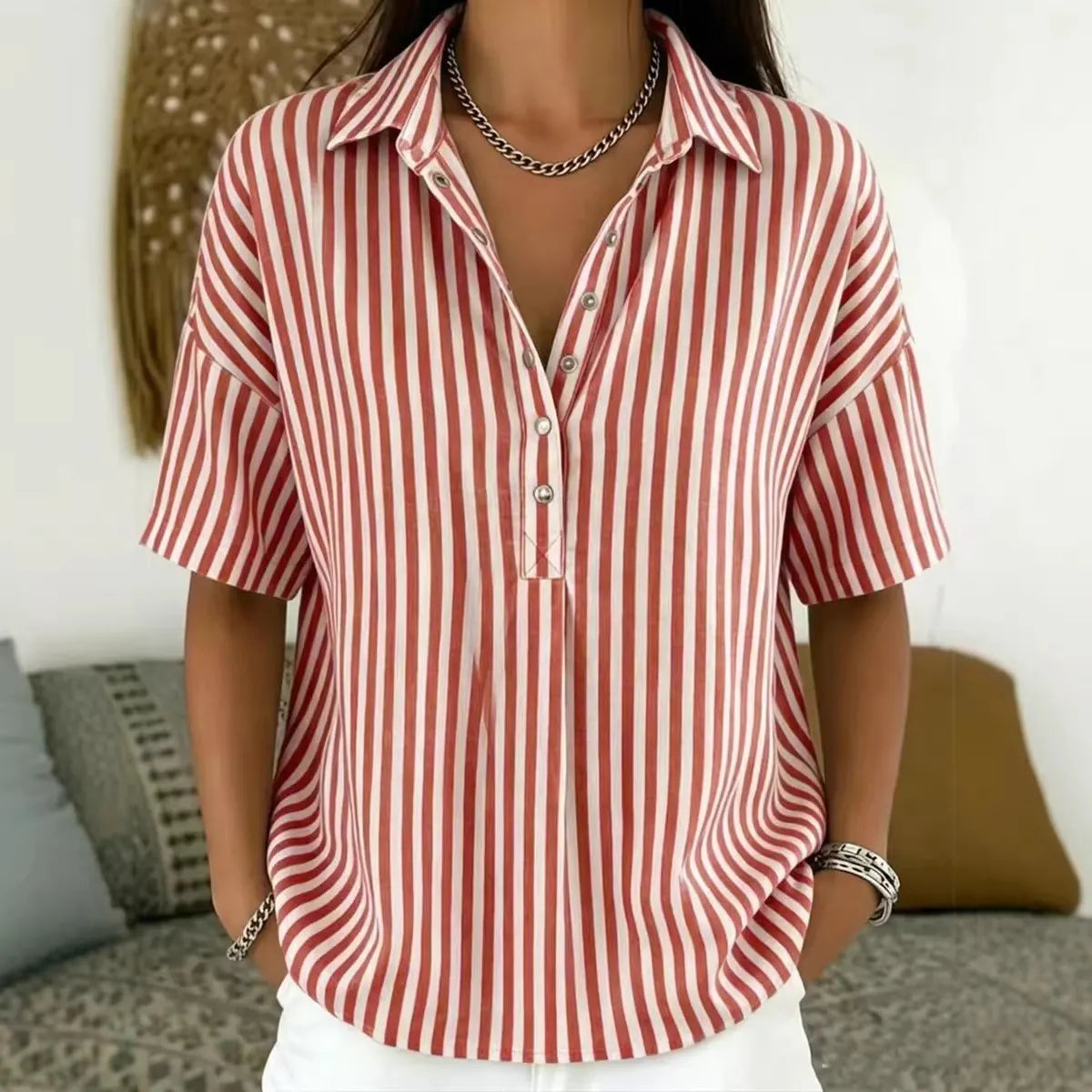 Minimalist Summer Oversized Collar Blouse, Women Short Sleeve Button Front Striped Resort Shirt