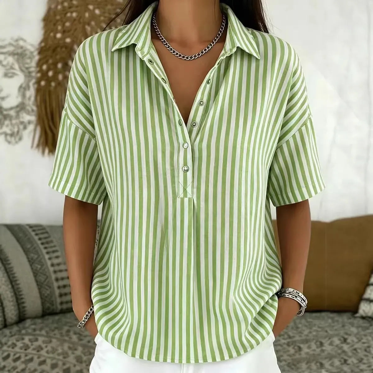 Minimalist Summer Oversized Collar Blouse, Women Short Sleeve Button Front Striped Resort Shirt