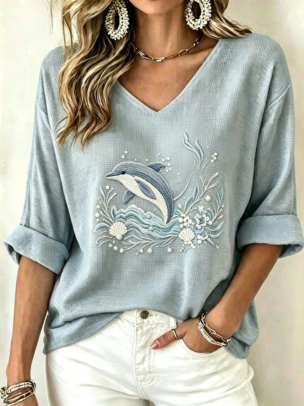 Women's Waffle Knit V Neck Top | 3/4 Sleeve Relaxed Fit [Marine Theme] Casual Vacation Shirt