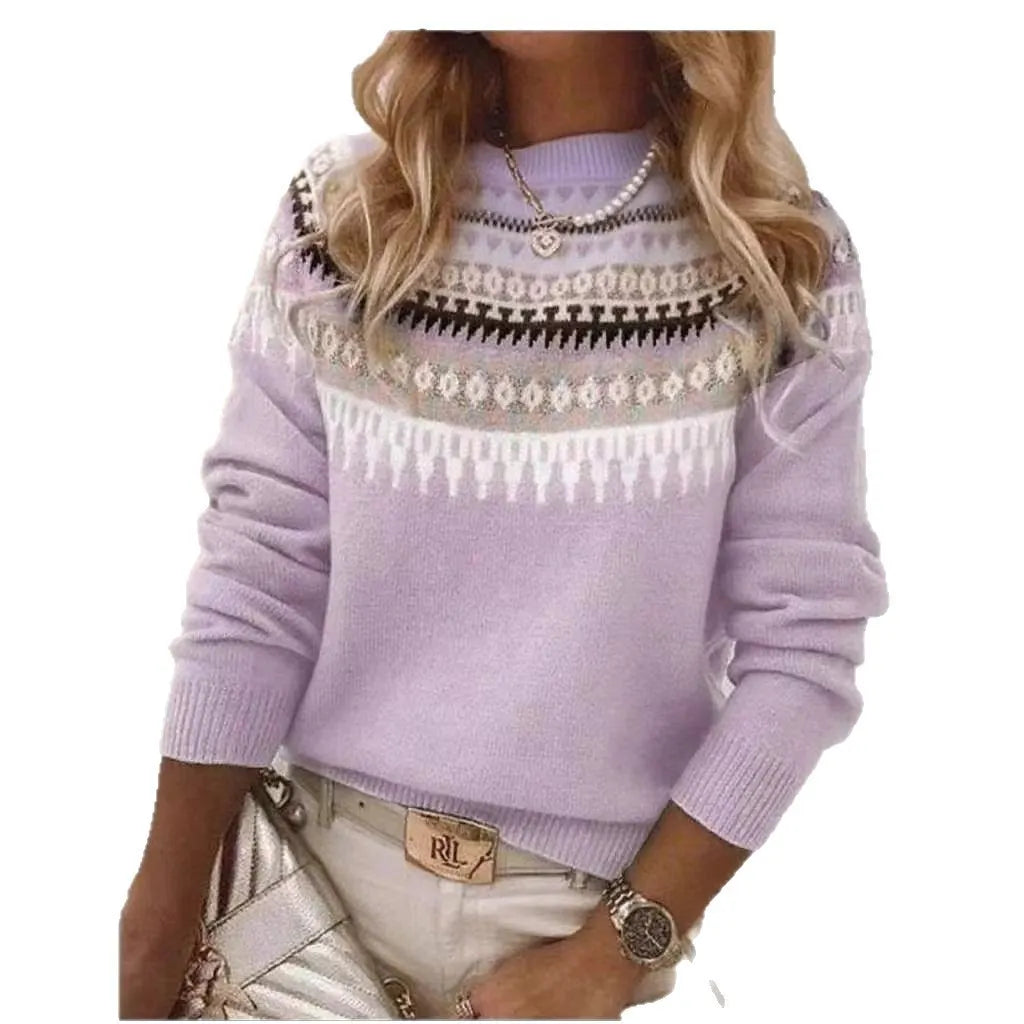 Ladies Vintage Nordic Jacquard Knit Top Crew Neck Long Sleeve Casual Sweater