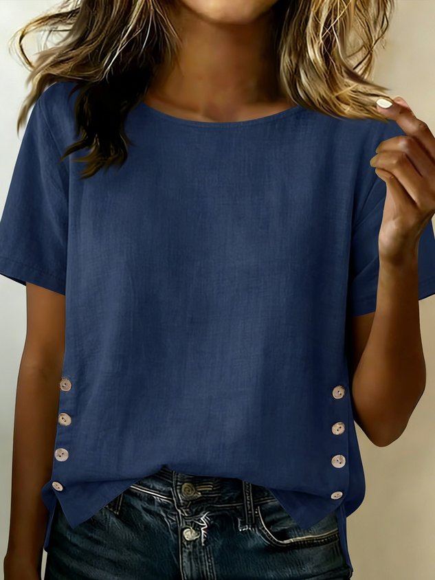 Cotton Linen Vintage Plain Round Neck Short Sleeve Side Button Casual Top