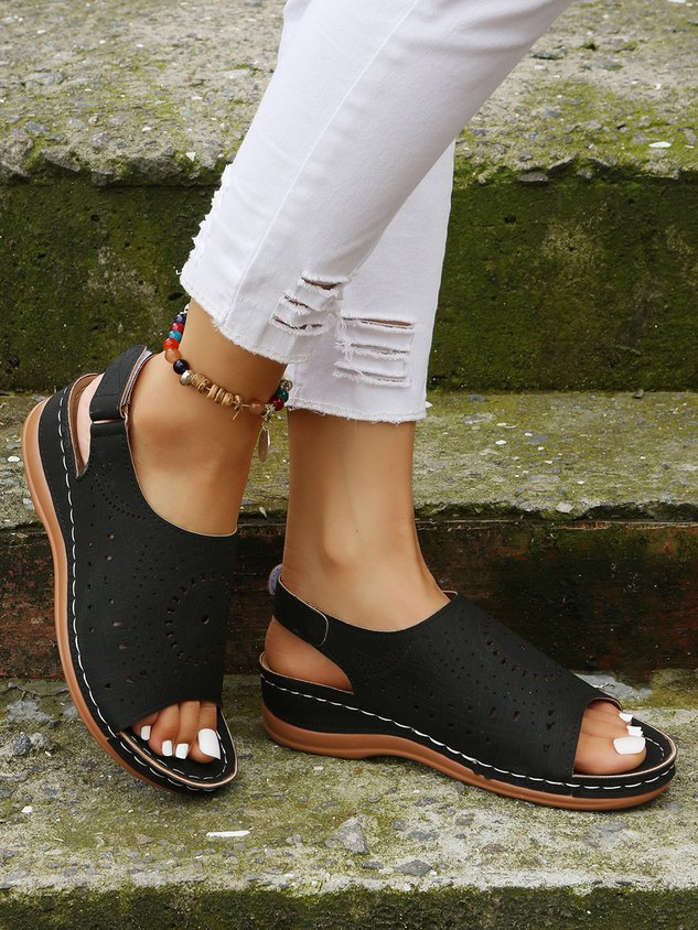 Ethnic Pattern Punched Hollow Velcro Vintage Hook And Loop Comfortable Wedge Sandals