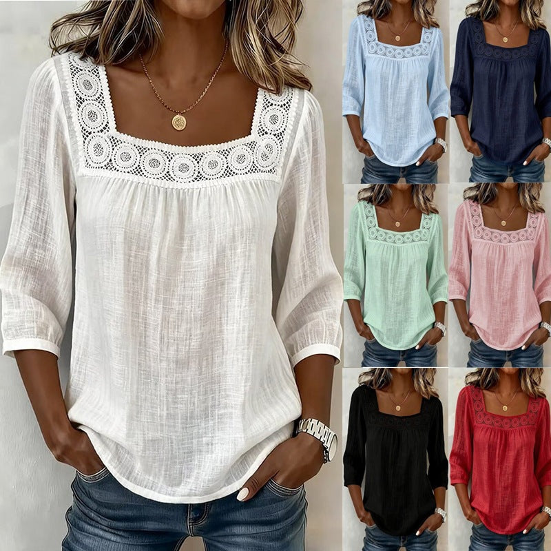 Casual Solid Color Cotton Linen Lace Neck Mid-Sleeve A-Line Swing Top
