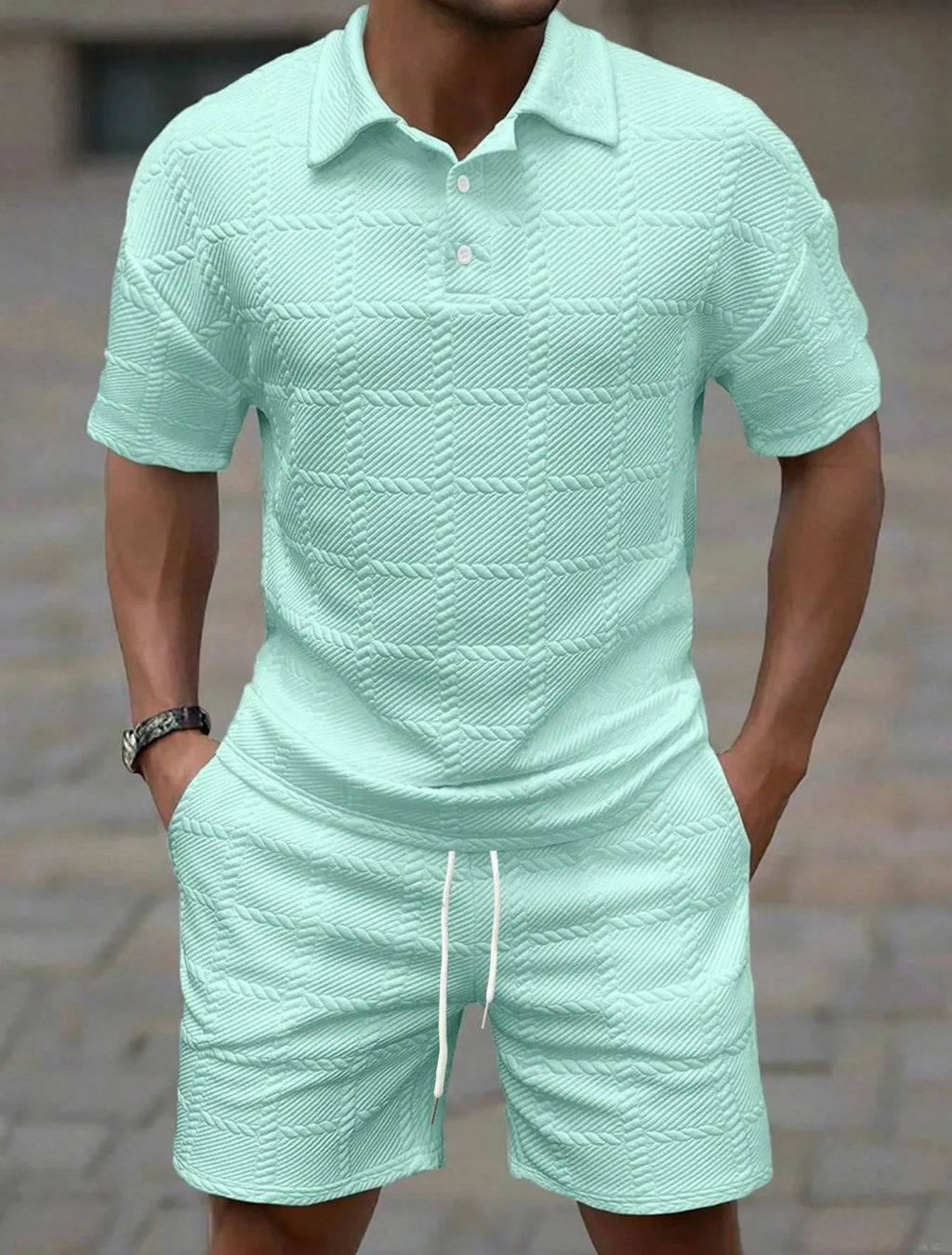 Men Textured Jacquard 2 Piece Matching Set