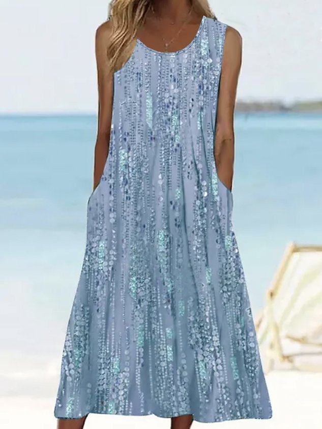 Floral Printed Vacation Loose Sleeveless H-Line Short Dress