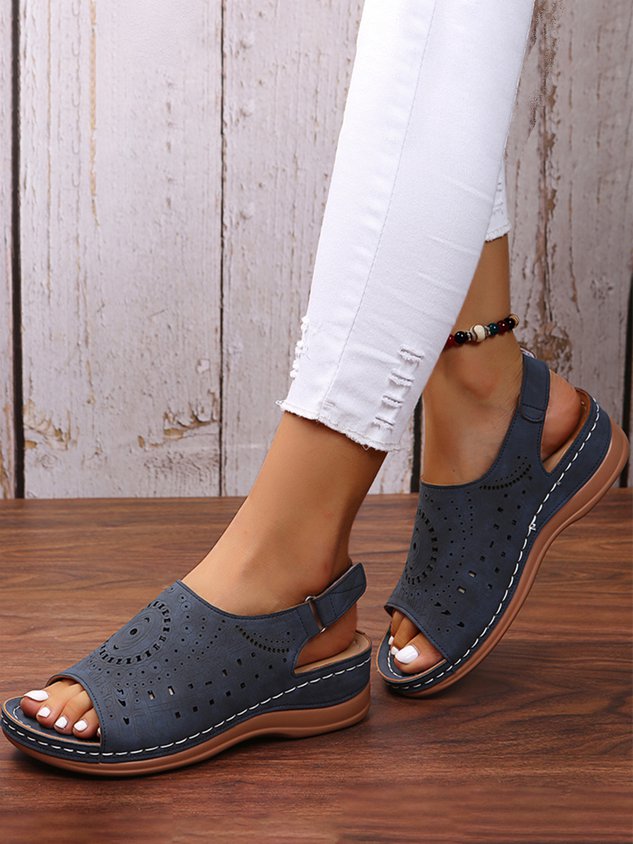 Ethnic Pattern Punched Hollow Velcro Vintage Hook And Loop Comfortable Wedge Sandals
