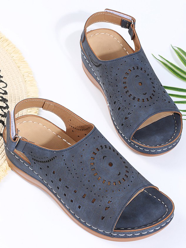 Ethnic Pattern Punched Hollow Velcro Vintage Hook And Loop Comfortable Wedge Sandals