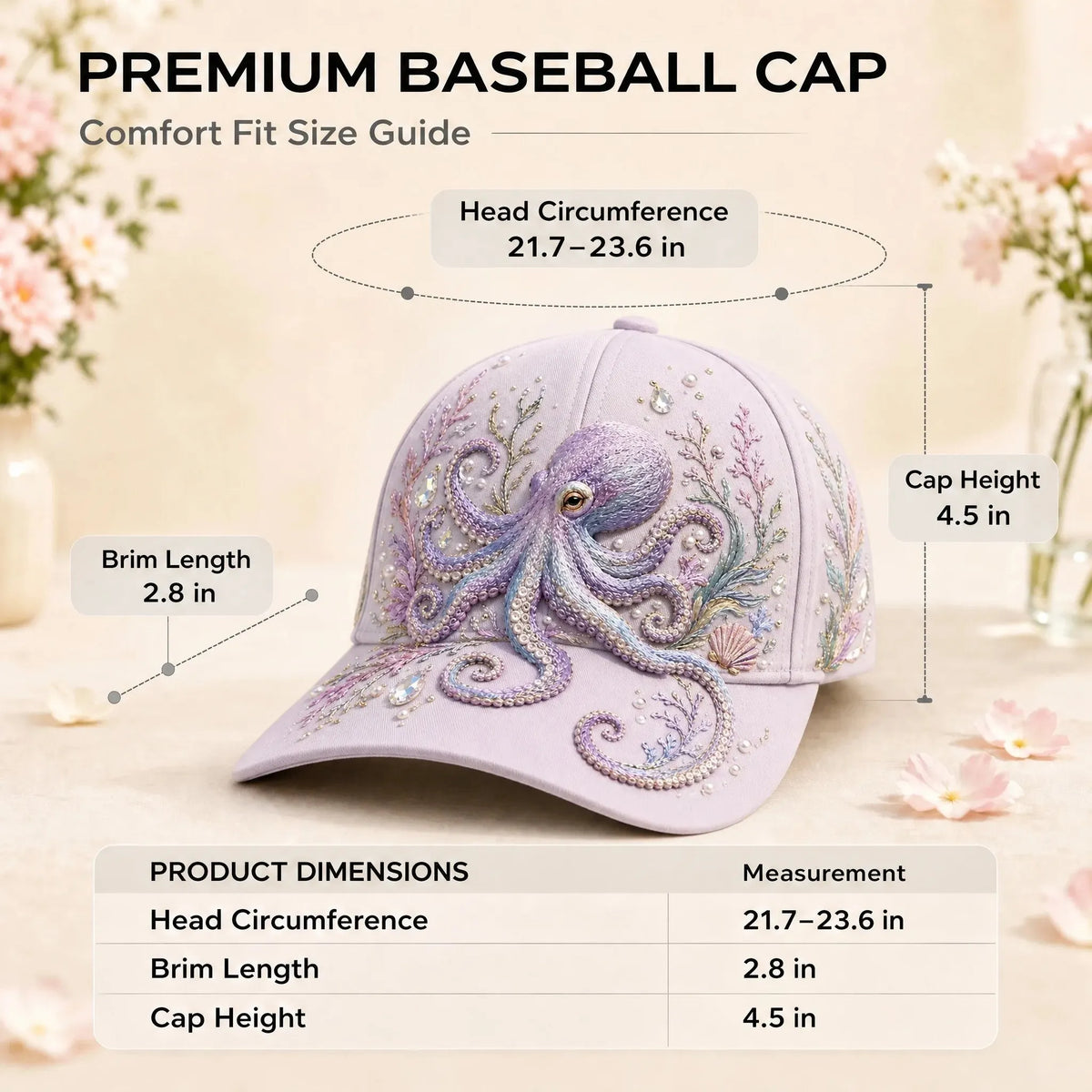 🌊 3D Ocean Creatures Embroidery Cap | Pearl & Crystal Adjustable Hat for Beach, Travel & Everyday Wear