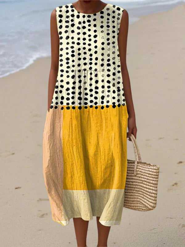 Cotton Linen Printed Midi Dress | Women's Sleeveless Beach Vacation Dress