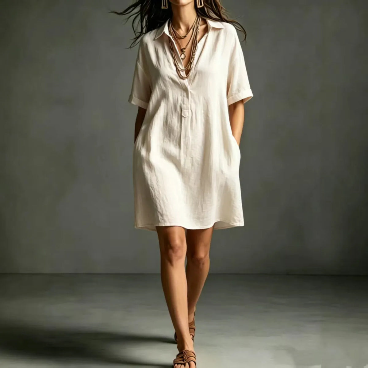 Minimalist Solid Color Shirt Dress Turn Down Collar V Neck Half Button Short Sleeve Relaxed Vacation Mini Dress