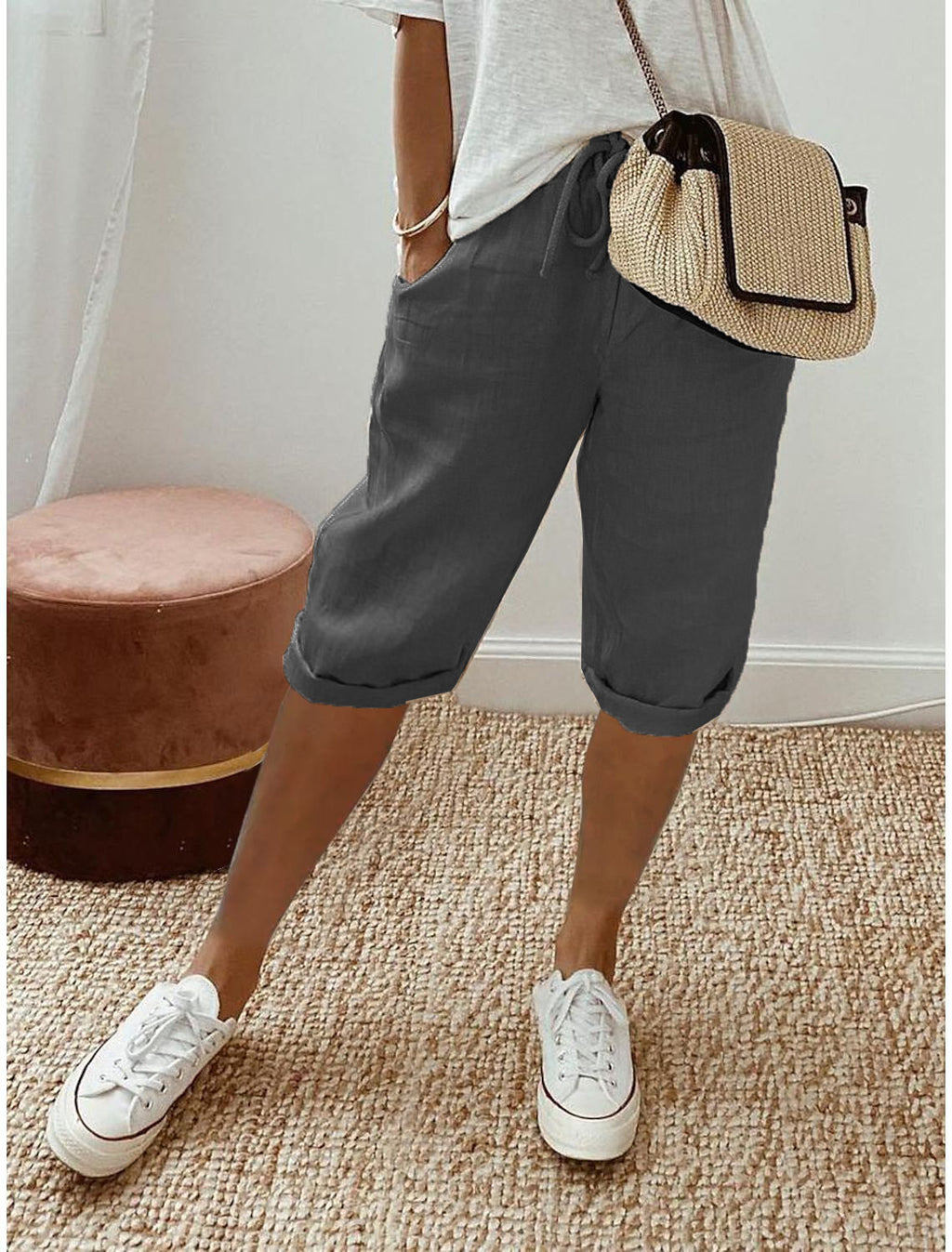 Women's Elastic Waist Casual Pants with Flap Pockets