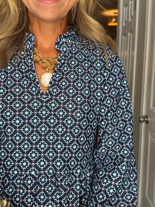 Women's V Neck Vintage Printed Dress
