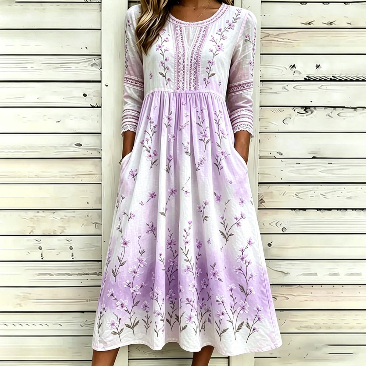 Loose-Fit Round-Neck Dress with Mid-Length Sleeves and Side Pockets