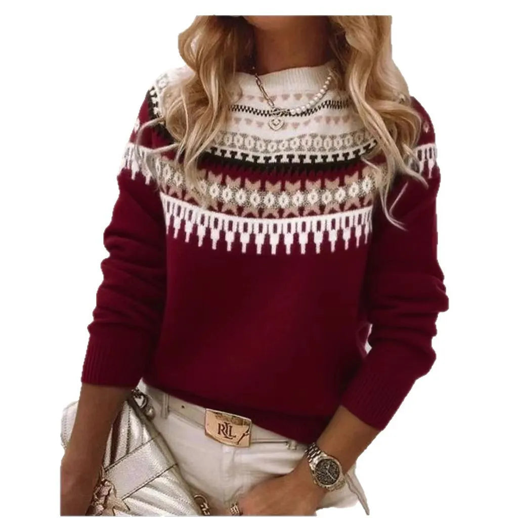 Ladies Vintage Nordic Jacquard Knit Top Crew Neck Long Sleeve Casual Sweater