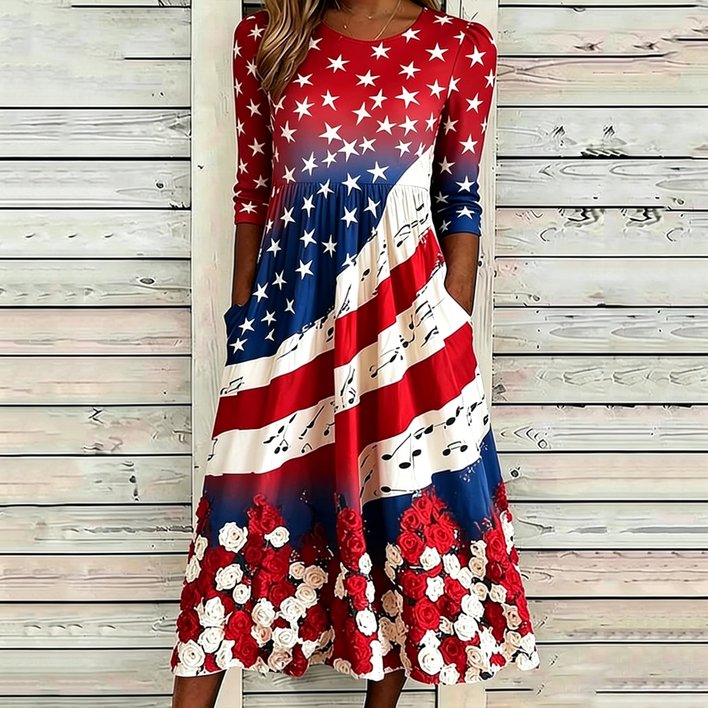 Women's Vintage Floral Flag Art Print Dress