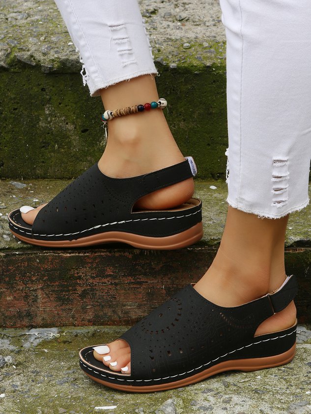 Ethnic Pattern Punched Hollow Velcro Vintage Hook And Loop Comfortable Wedge Sandals