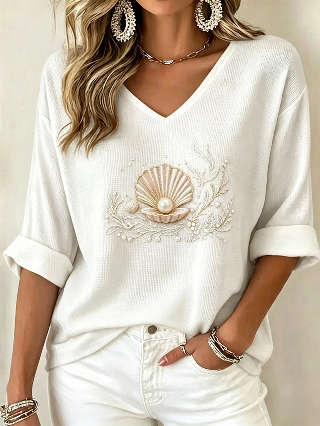 Women's Waffle Knit V Neck Top | 3/4 Sleeve Relaxed Fit [Marine Theme] Casual Vacation Shirt