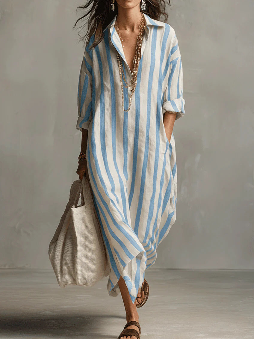 Minimalist Vertical Stripe Cotton Long Shirt Dress Oversized Relaxed Fit Side Pocket Vacation Resort Midi Maxi Dress