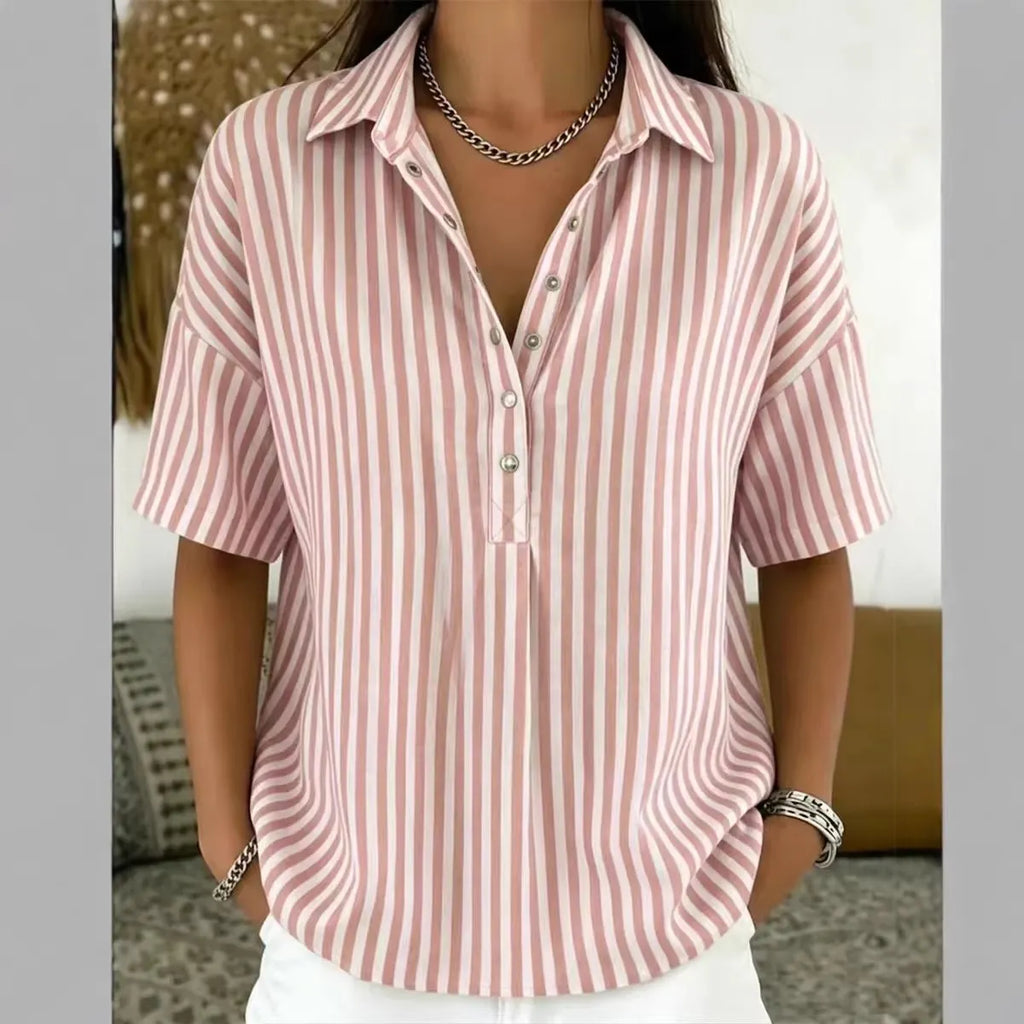 Minimalist Summer Oversized Collar Blouse, Women Short Sleeve Button Front Striped Resort Shirt