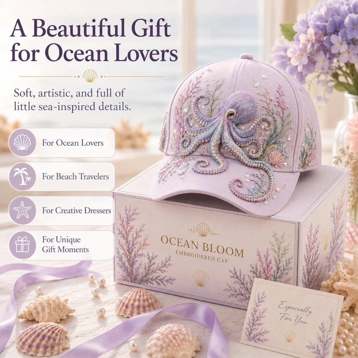 🌊 3D Ocean Creatures Embroidery Cap | Pearl & Crystal Adjustable Hat for Beach, Travel & Everyday Wear