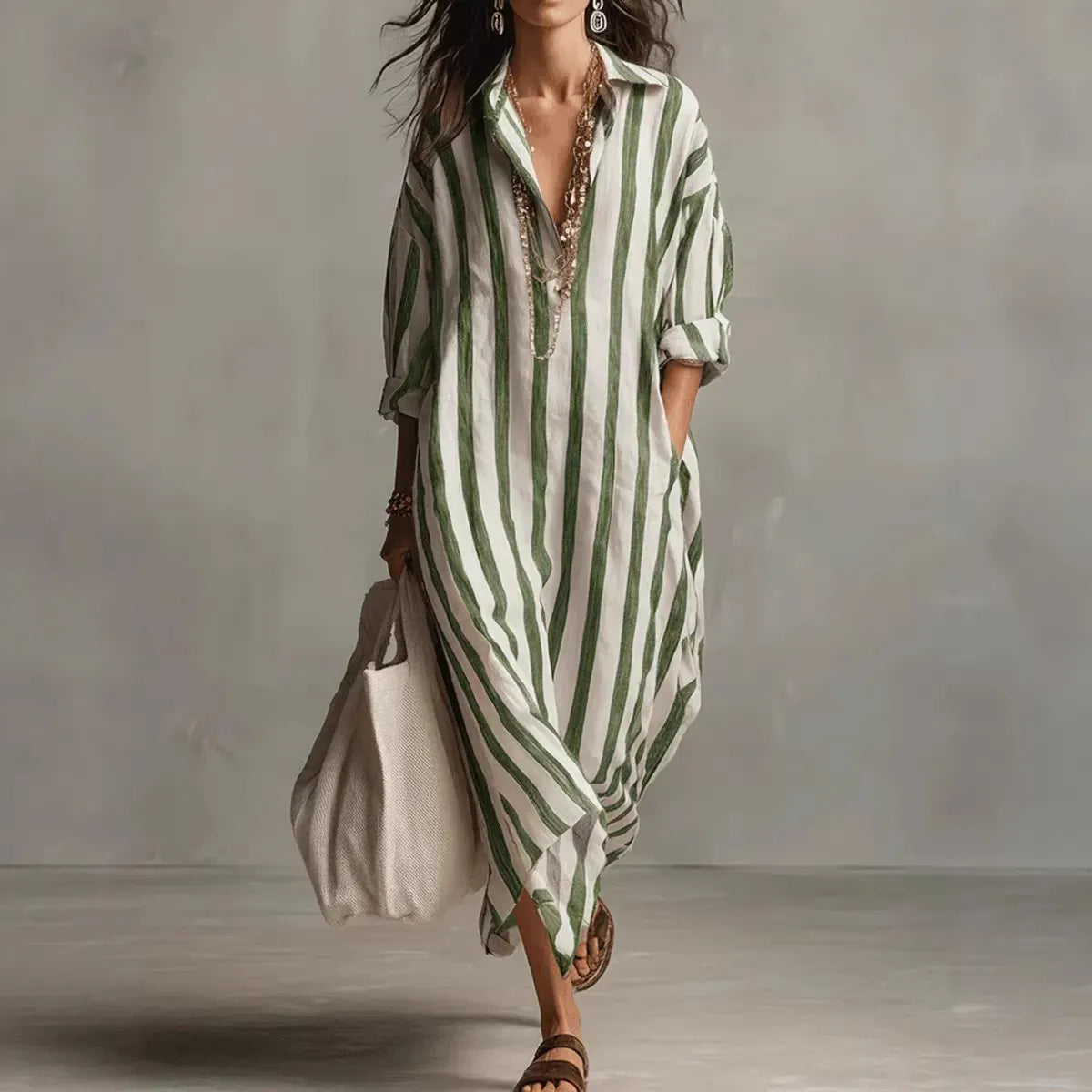 Minimalist Vertical Stripe Cotton Long Shirt Dress Oversized Relaxed Fit Side Pocket Vacation Resort Midi Maxi Dress