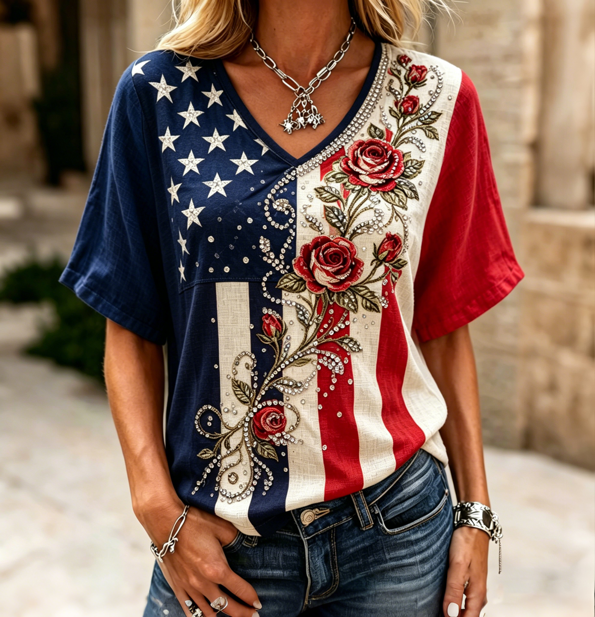 Women's Vintage Flag Floral Art Print V Neck Linen Blend T-shirt