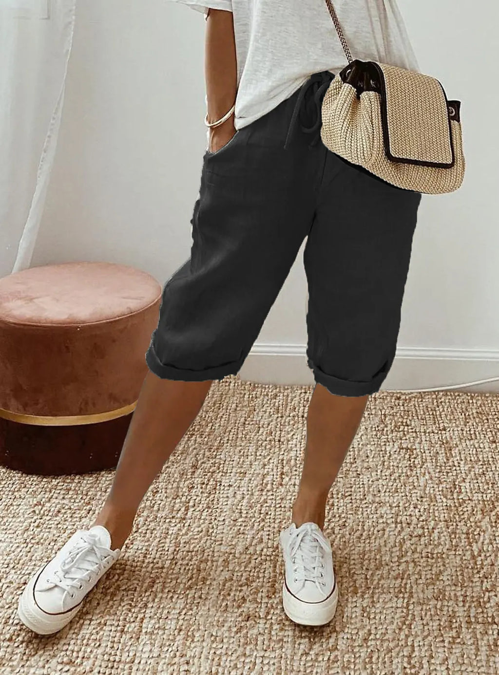 Women's Elastic Waist Casual Pants with Flap Pockets