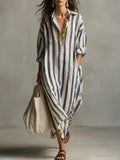 Minimalist Vertical Stripe Cotton Long Shirt Dress Oversized Relaxed Fit Side Pocket Vacation Resort Midi Maxi Dress