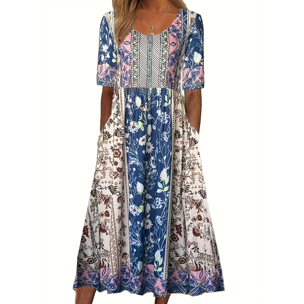 Women's round neck short sleeve bohemian print dress