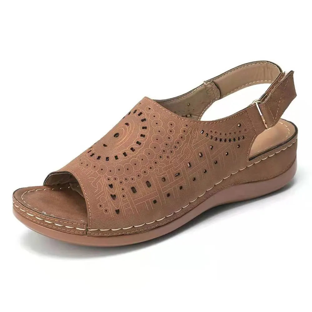 Ethnic Pattern Punched Hollow Velcro Vintage Hook And Loop Comfortable Wedge Sandals