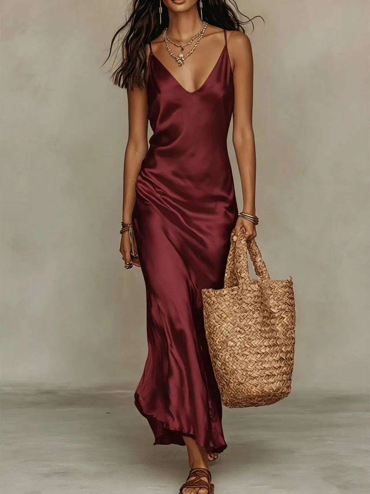 Women V Neck Loose Knit Pullover Satin Spaghetti Strap Midi Dress Layered 2 Piece Outfit Set