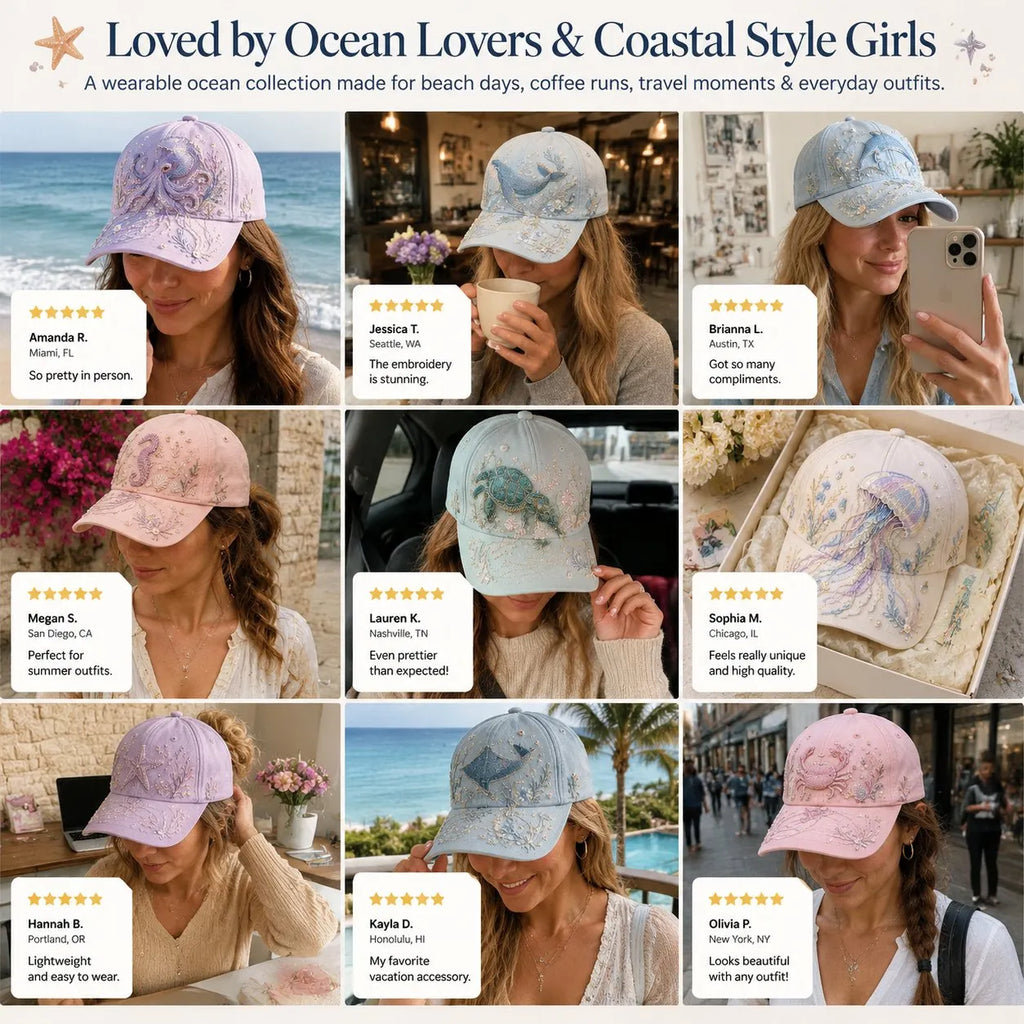 🌊 3D Ocean Creatures Embroidery Cap | Pearl & Crystal Adjustable Hat for Beach, Travel & Everyday Wear