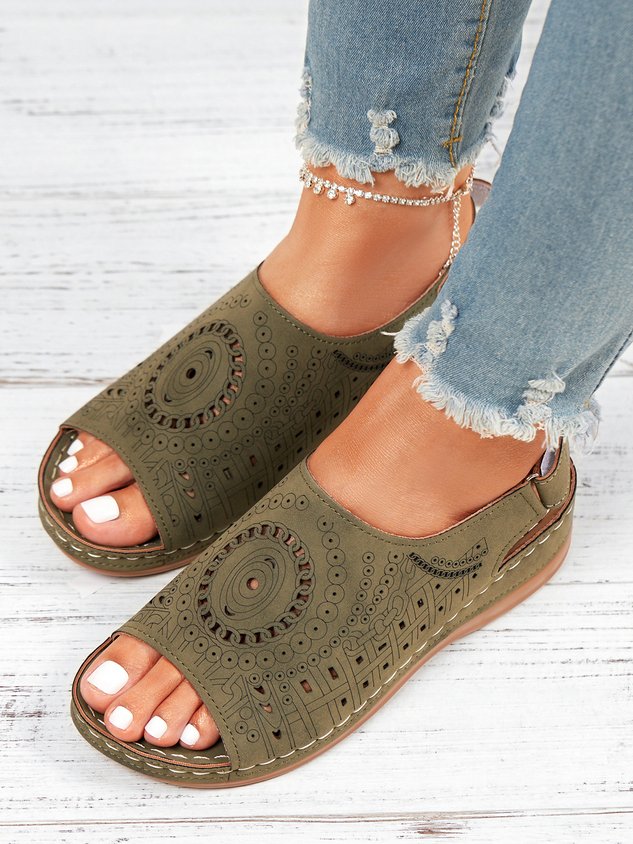 Ethnic Pattern Punched Hollow Velcro Vintage Hook And Loop Comfortable Wedge Sandals