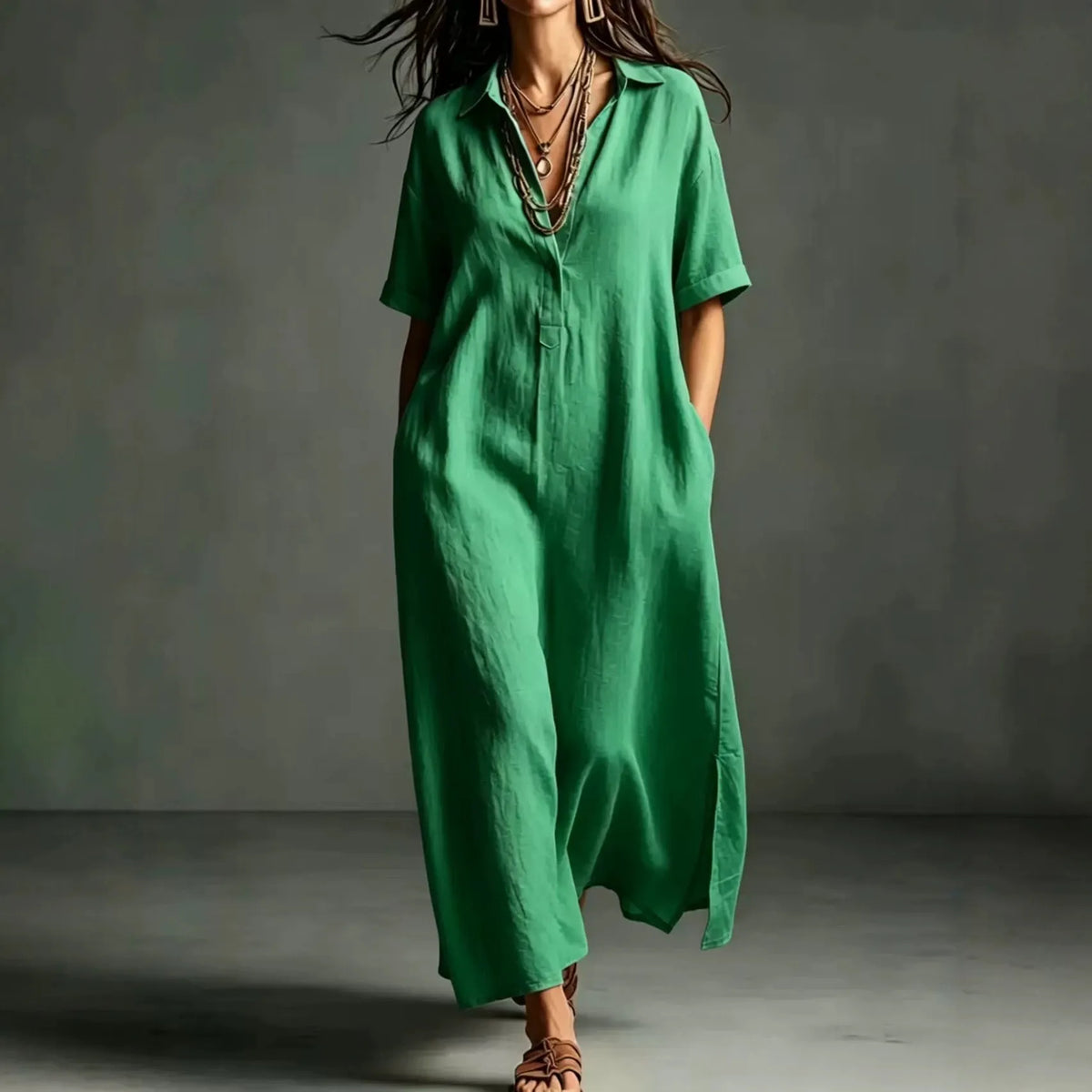 Minimalist Textured Cotton Linen Shirt Dress Ladies Half Button V Neck Pocket Summer Vacation Maxi Gown