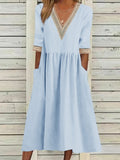 Women's V-Neck Lace Trim Midi Dress