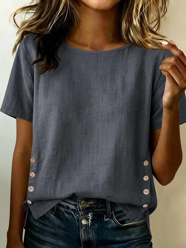 Cotton Linen Vintage Plain Round Neck Short Sleeve Side Button Casual Top