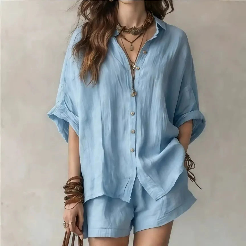 Solid-color loose button-down shirt and shorts set – stylish, casual plus-size matching set